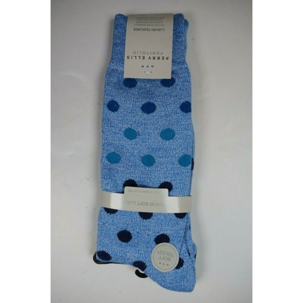 PERRY ELLIS Light/Medium Blue Rayon Polka Dot Soft Touch Dress Crew Socks 7-12